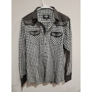 El General Sz M Western Cowboy Shirt‎ Pearl Snap Black White Checker Embroidered